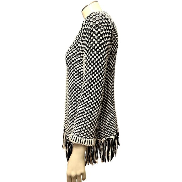 Chicos Black White Fringed Open Front Knit Cardigan Sweater 3/4 Sleeves Size 1 - Picture 2 of 13